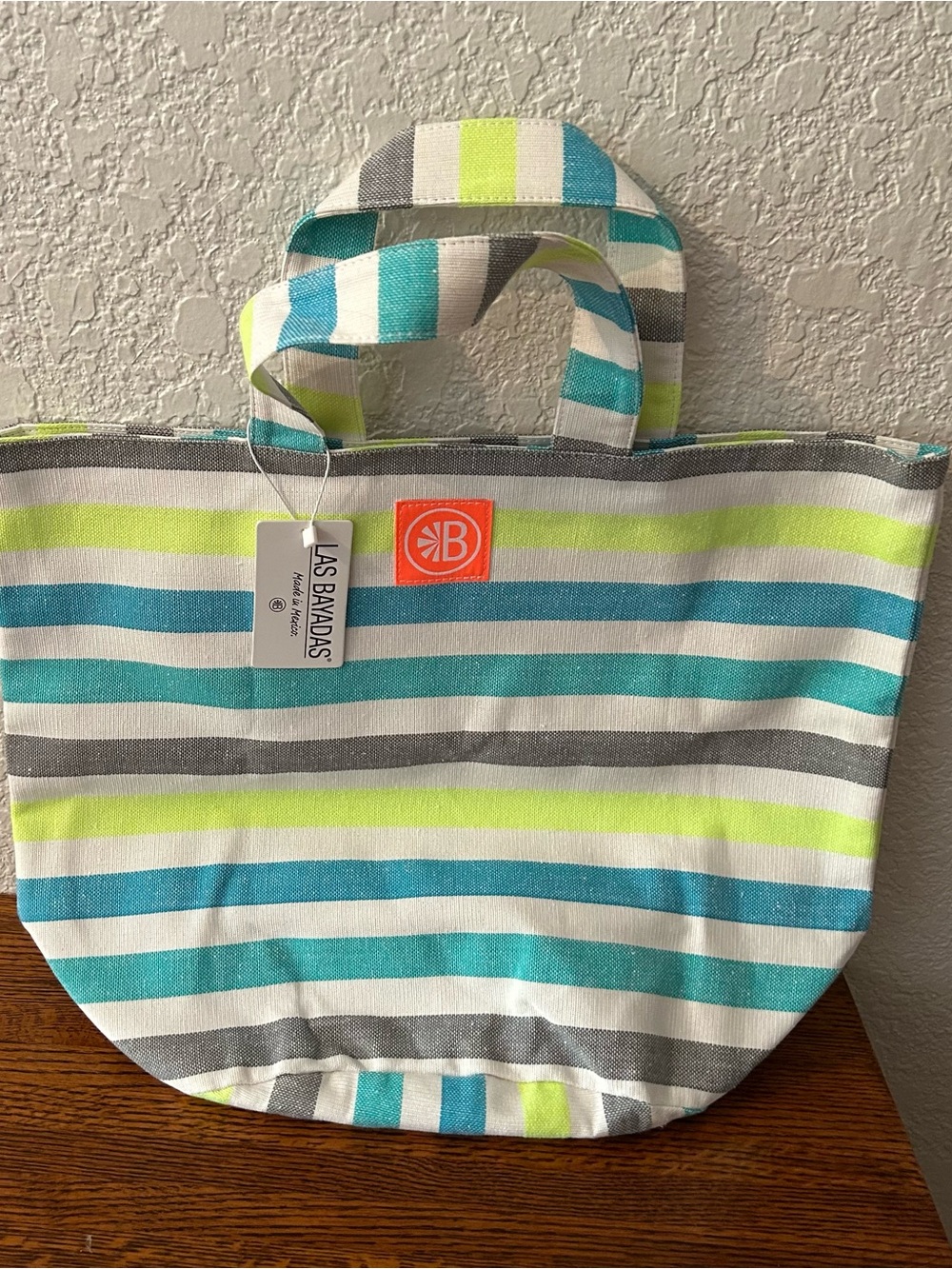 Las Bayadas Aqua Teal Stripe Beach Bag NWT